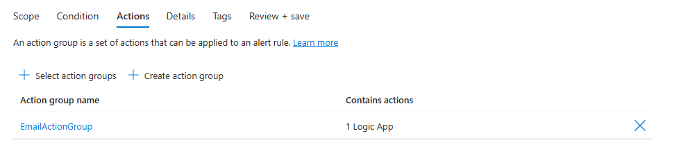 Screenshot that shows the Actions tab for creating a new alert rule.