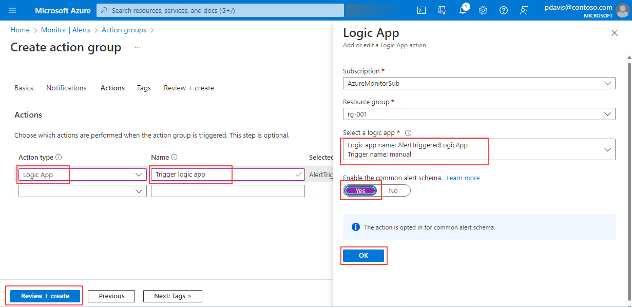 Screenshot that shows the Actions tab on the Create an action group page and the Logic App pane.