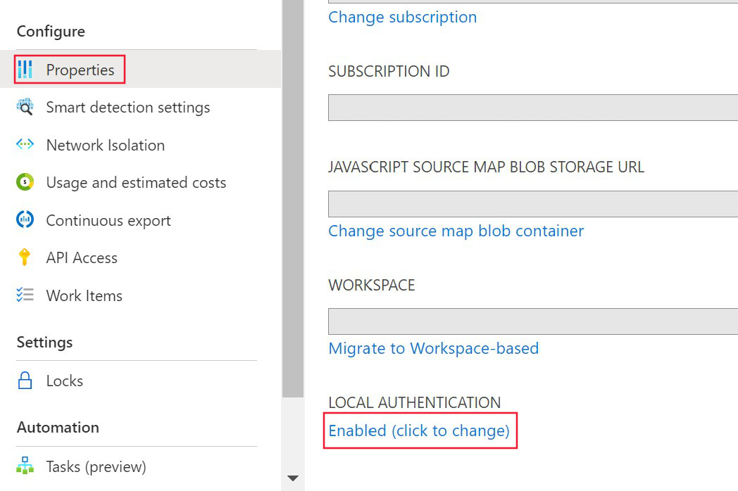 Screenshot that shows Properties under the Configure section and the Enabled (select to change) local authentication button.