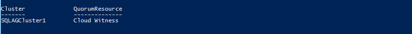 Screenshot of the PowerShell output when setting the cluster quorum option.