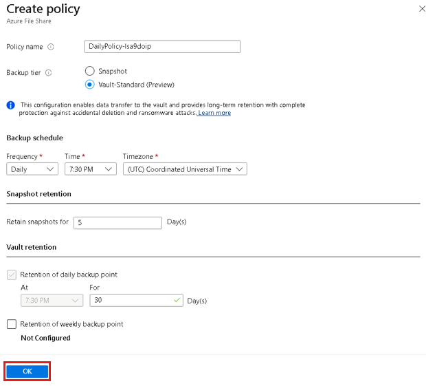 Screenshot shows how to create a new backup policy for Azure File share.