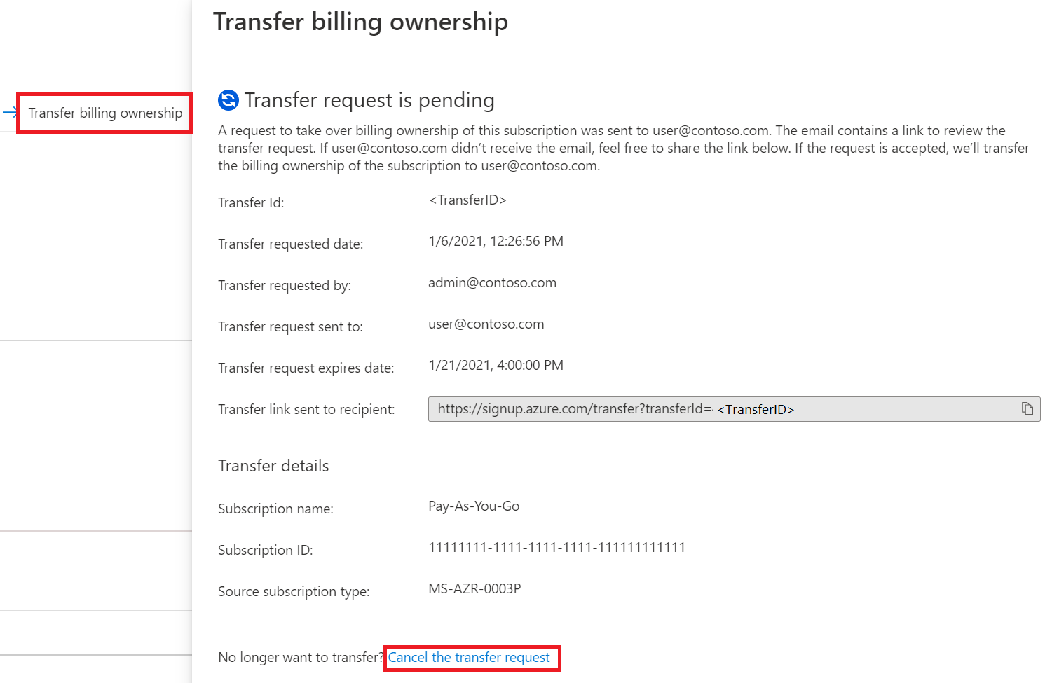 Screenshot showing the Transfer billing ownership window with the Cancel the transfer request option.