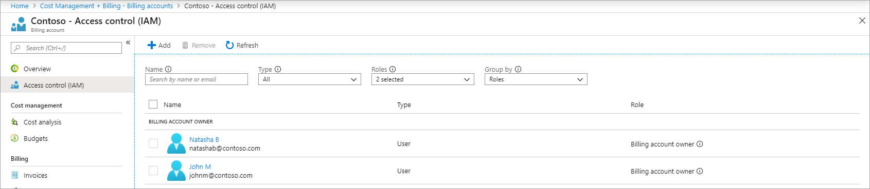 Screenshot that shows access of enterprise administrators listed as billing account owners post transition.