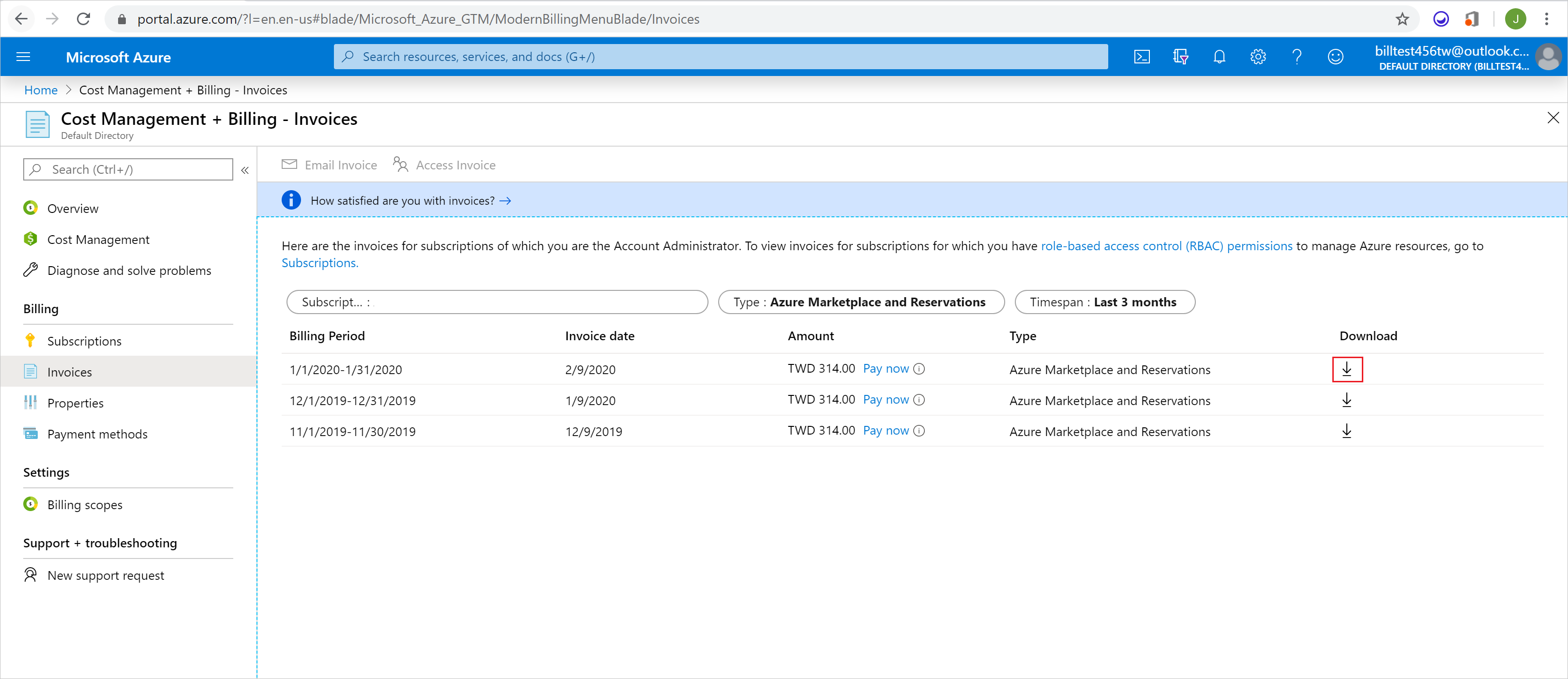 Screenshot showing the download symbol selected for invoice.