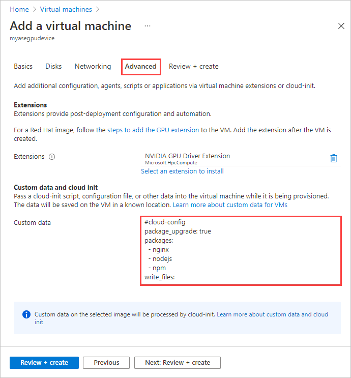 Screenshot that shows the Advanced tab of the Create a new virtual machine wizard, with a cloud init script in the Custom data box highlighted.