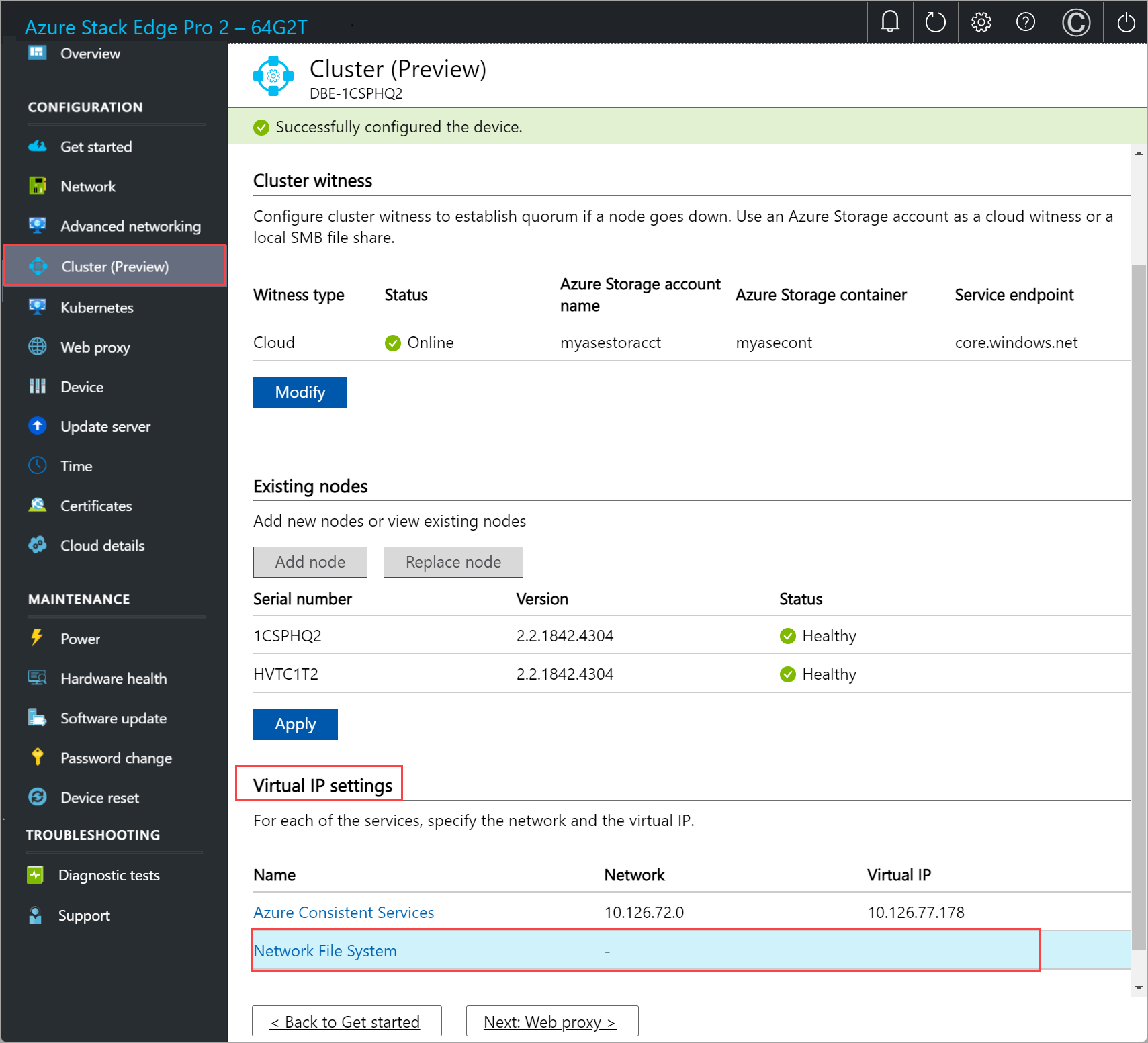 Screenshot of local web UI "Cluster" page with "Network File System" selected for "Virtual IP Settings" on first node.