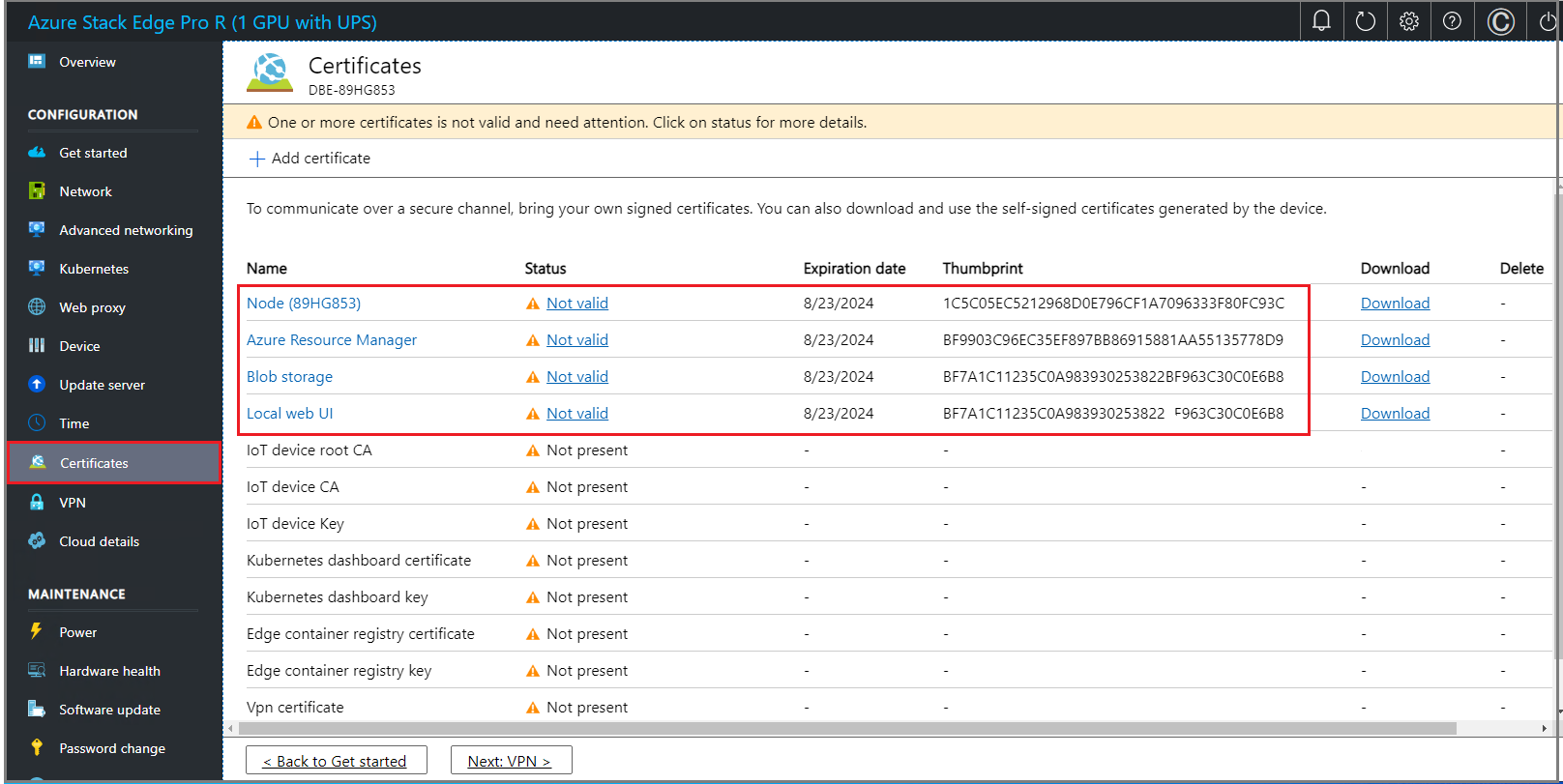 Local web UI "Certificates" page 2