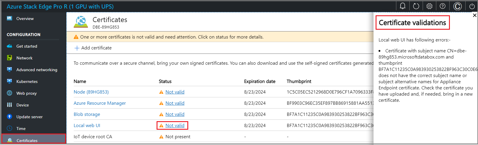 Local web UI "Certificates" page 3