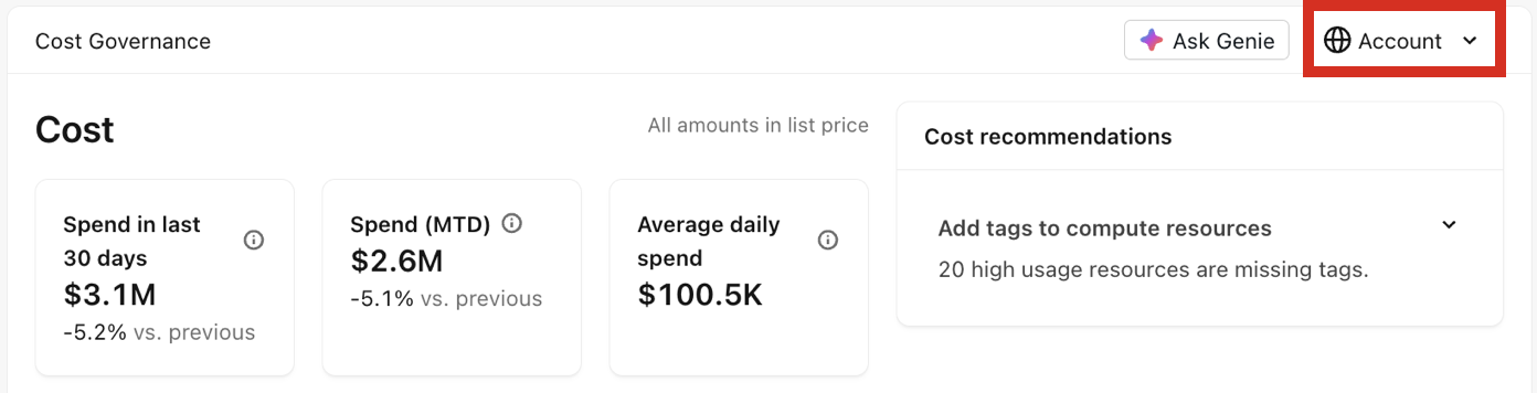 The scope selector in the Cost page of Governance Hub.