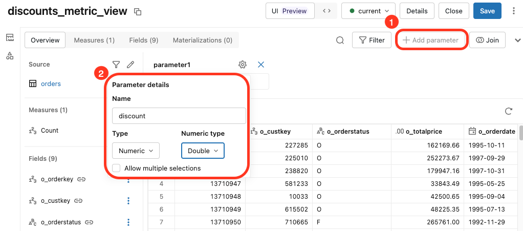 The Add parameter button and the Parameter details dialog with a discount parameter set to the Numeric type and Double numeric type.