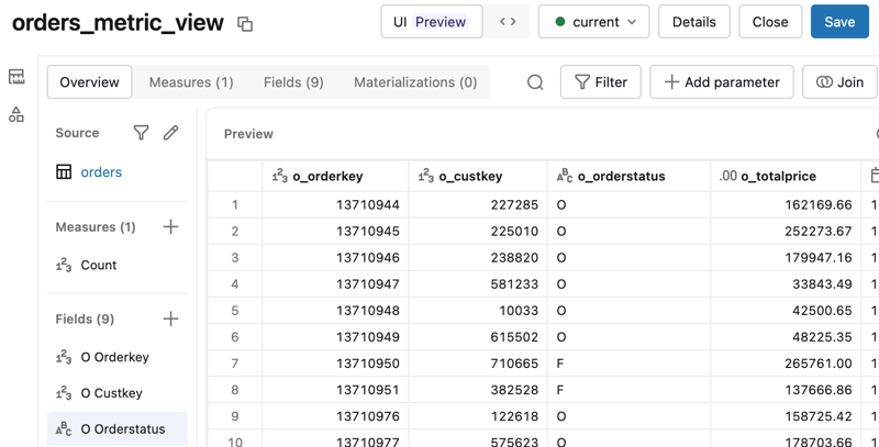 The metric view editing interface in Catalog Explorer.