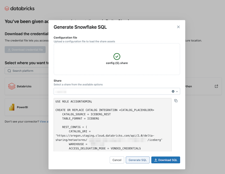 Generate SQL command for Snowflake