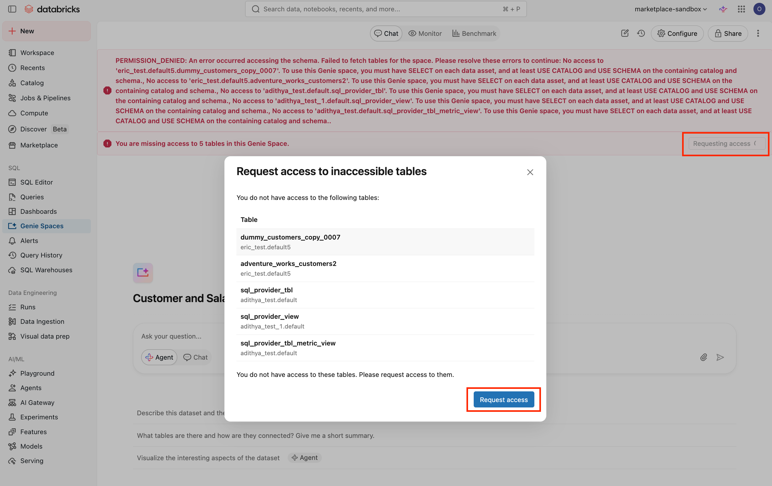 Genie space with a Request access modal listing inaccessible tables.