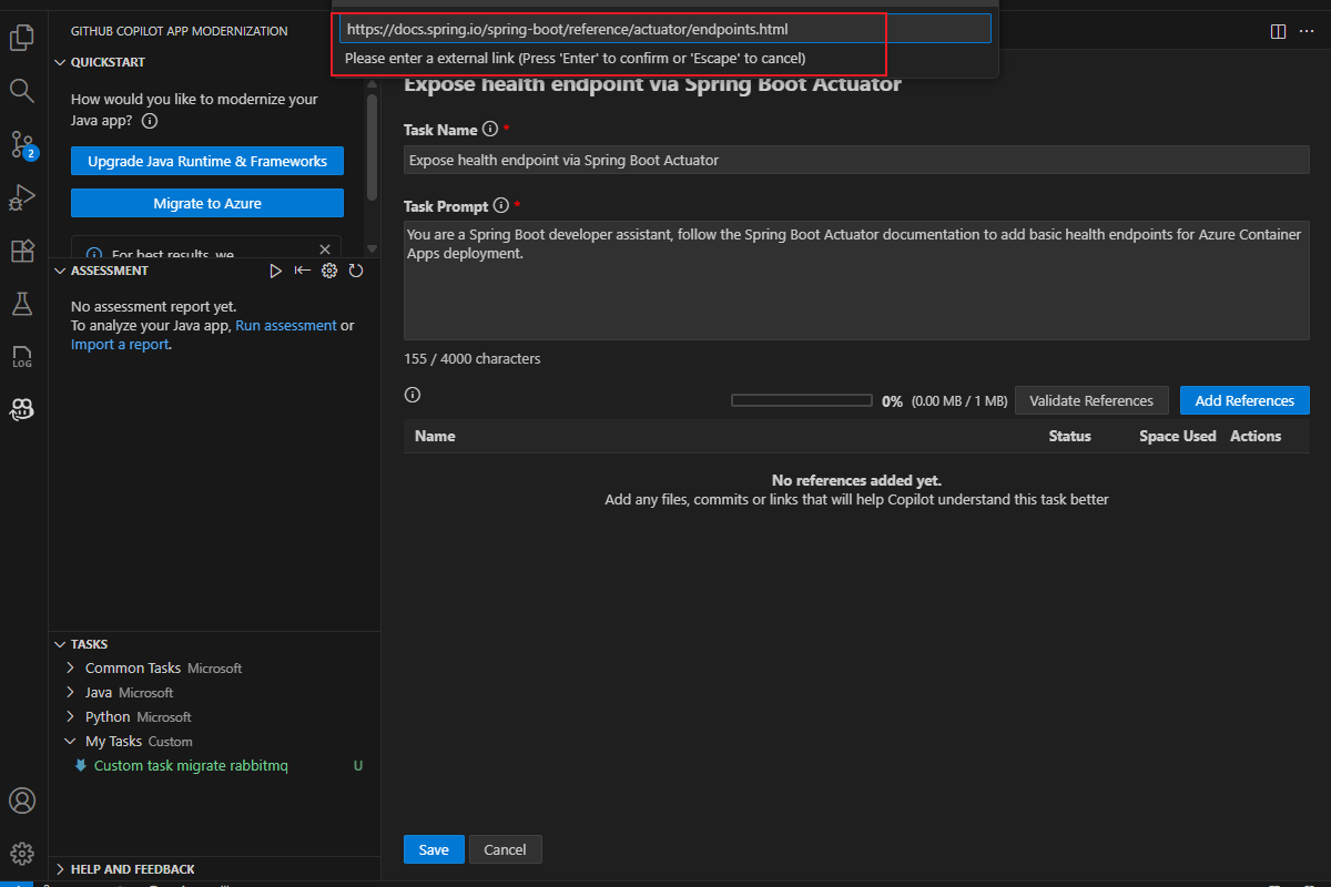 Screenshot of Visual Studio Code that shows the task.md file with the external link field highlighted.