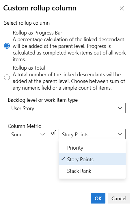 Screenshot of Custom Rollup column dialog.