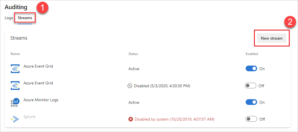 Select New stream to create your new auditing stream.