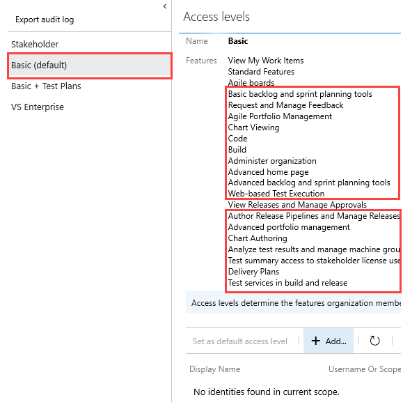 Screenshot of Basic access level, adding group.