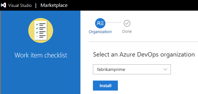 Screenshot showing selected organization and install button.