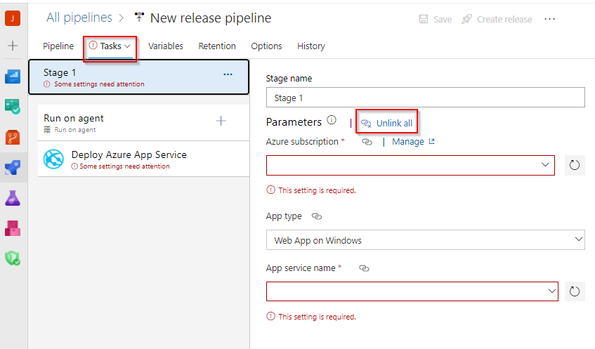 Screenshot of unlink pipeline parameters.
