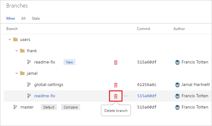 Screenshot showing the delete icon next to the old branch name.