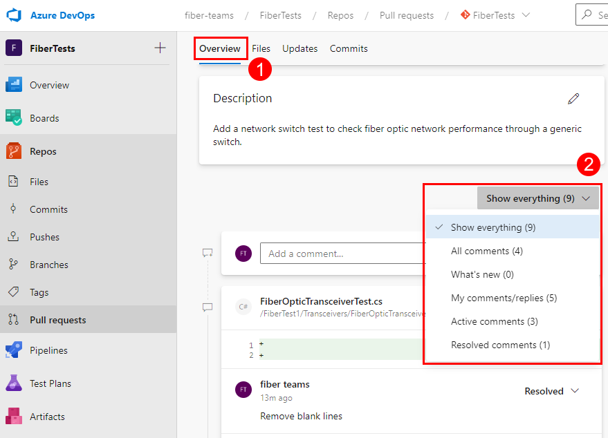 Screenshot showing the comment filter options in the Overview tab of a PR.