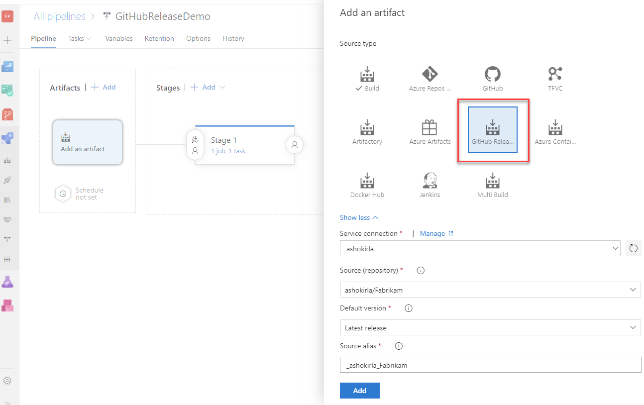 Add GitHub release as artifact source Screenshot of the Add an artifact dialog box with the GitHub Release option selected and called out.