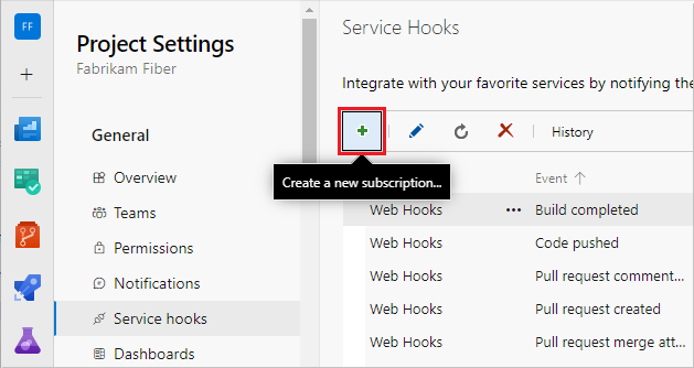 Screenshot of selecting Create subscription on the Service Hooks page.