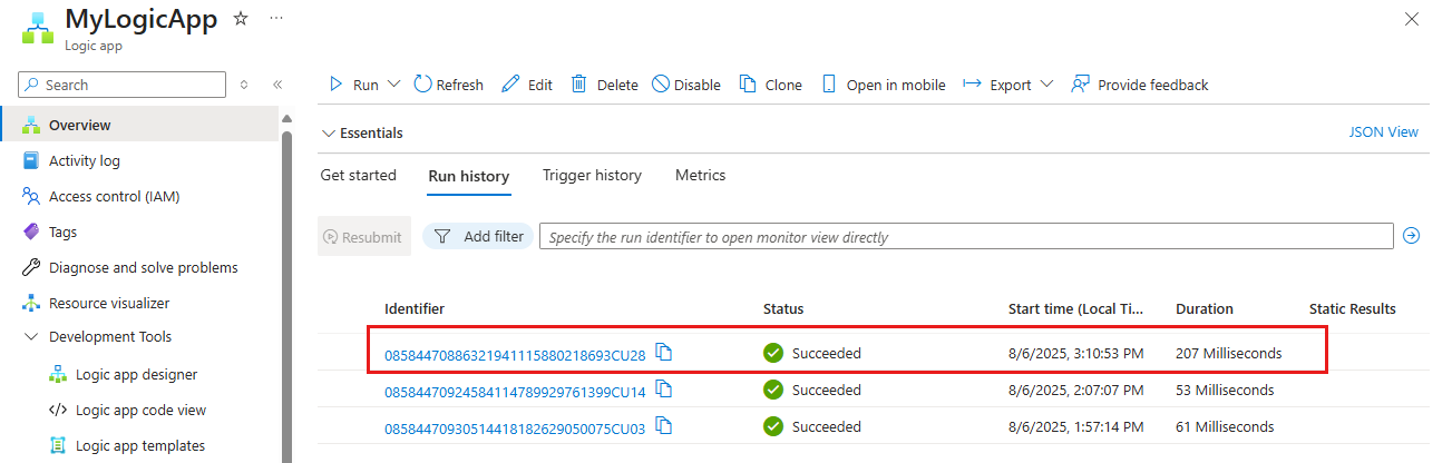 Screenshot of logic app's overview page, showing a successful run selected.