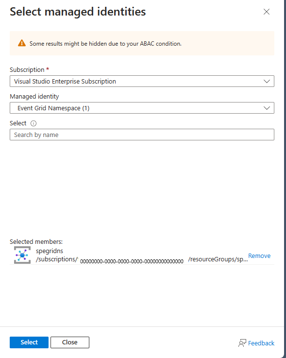 Screenshot that shows the Select managed identities page with the Event Grid namespace's managed identity selected.