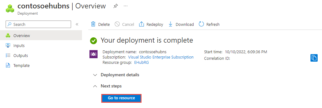 Screenshot of the Deployment complete page with the link to resource.