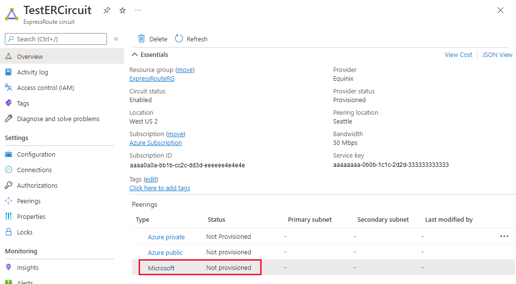 Screenshot showing how to select the Microsoft peering row.