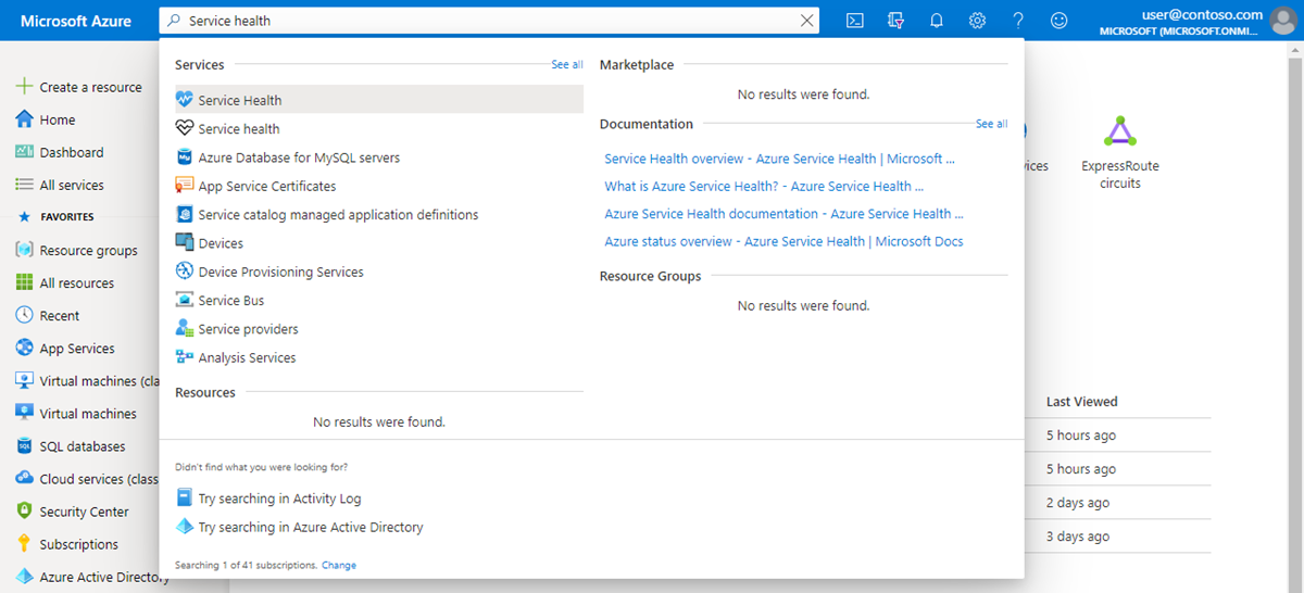 Screenshot of searching for Service Health page.