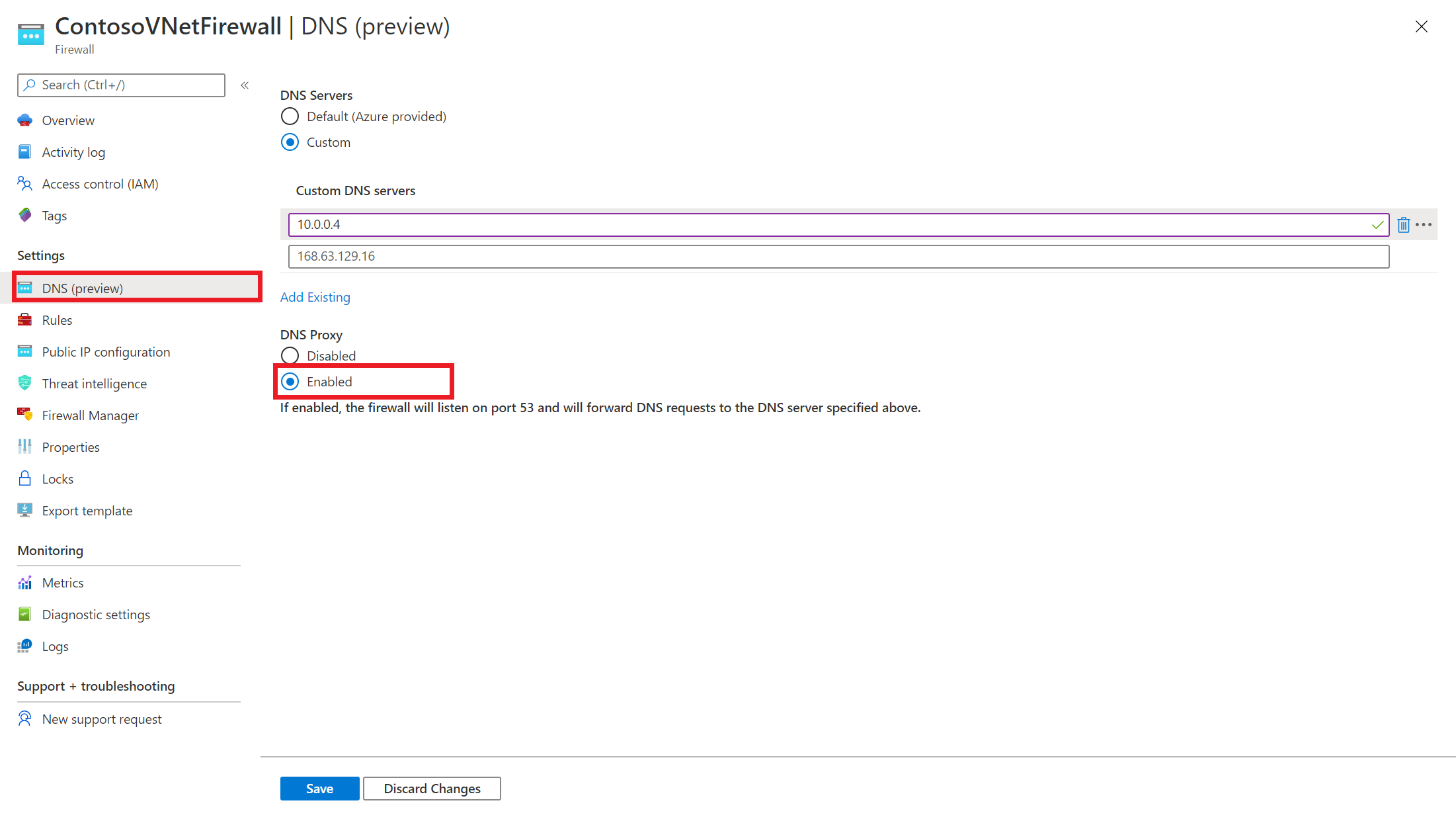 Screenshot showing settings for the DNS proxy.