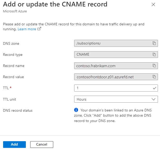 Screenshot that shows the Add or update the CNAME record pane.