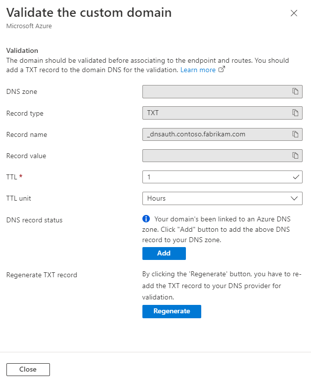 Screenshot that shows the Validate the custom domain pane.