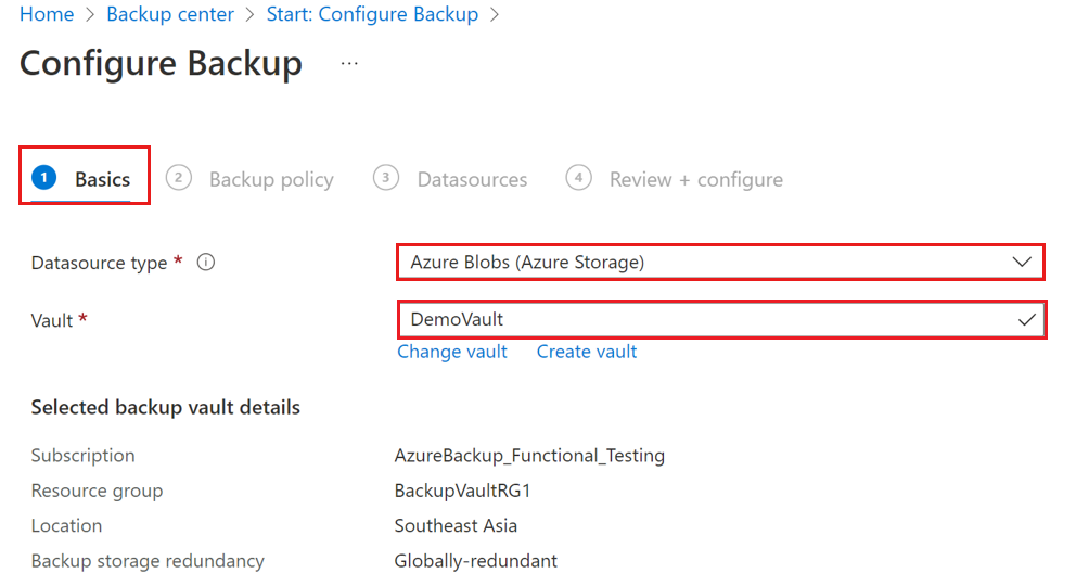 Screenshot shows how to select datasource type to initiate vaulted blob backup.