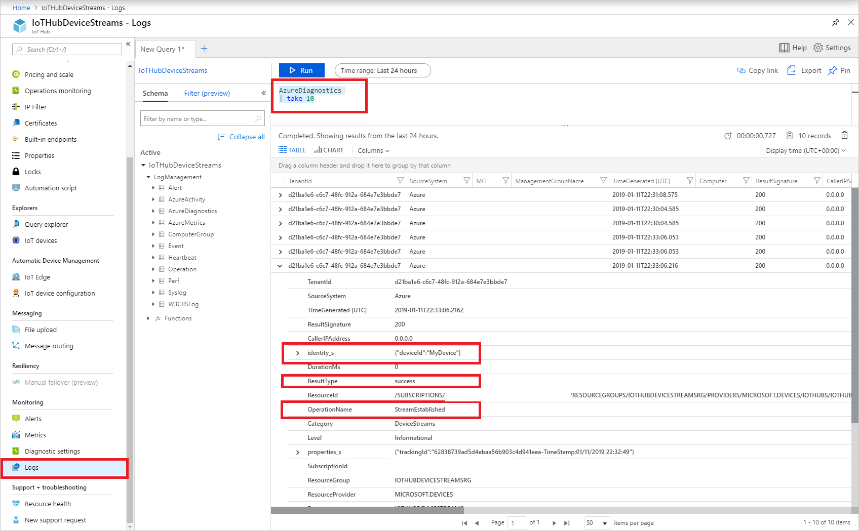 "Access device stream logs"