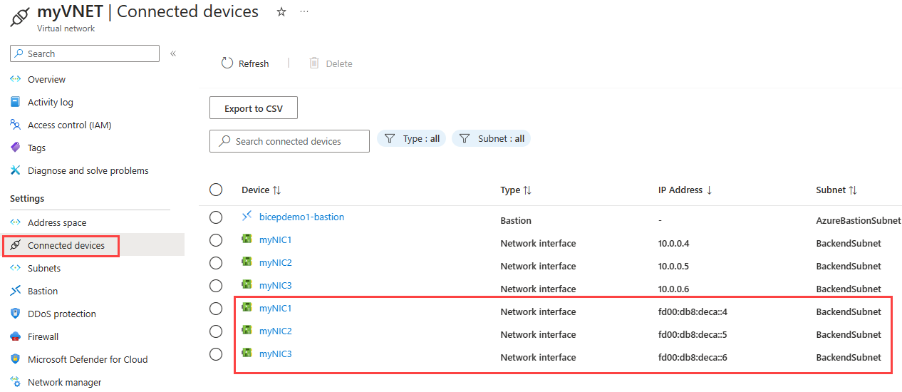 Screenshot of connected devices settings displaying IPv4 and IPv6 addresses on network interfaces.