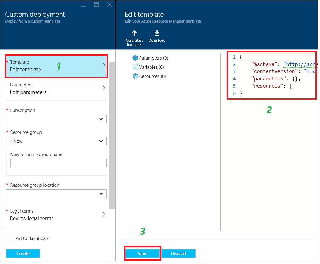 Screenshot shows the firest step of a Custom deployment, which is Edit template.