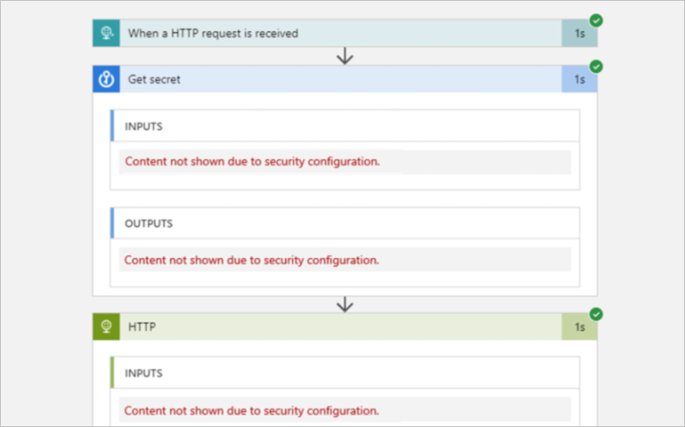 Screenshot showing hidden inputs and outputs in workflow run history after enabling secure inputs and outputs.