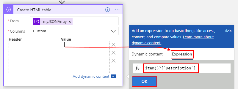 Screenshot showing the "Create HTML table" action in a Consumption workflow and how to dereference the "Description" array property.