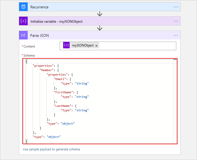 Screenshot showing the designer for a Consumption workflow, the "Parse JSON" action, and the JSON schema for the JSON object that you want to parse.