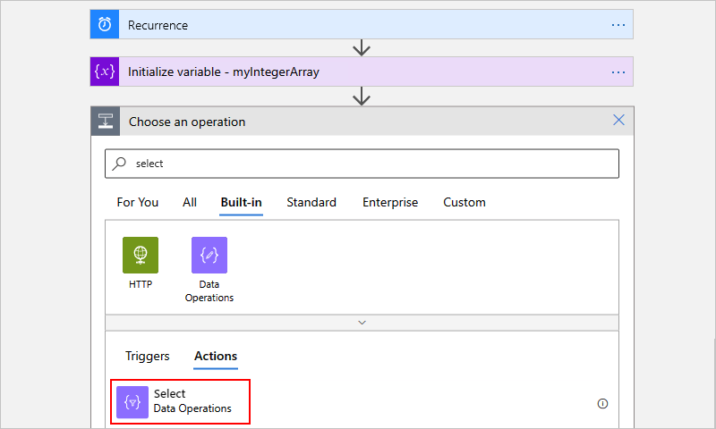 Screenshot showing the designer for a Consumption workflow, the "Choose an operation" search box, and the "Select" action selected.