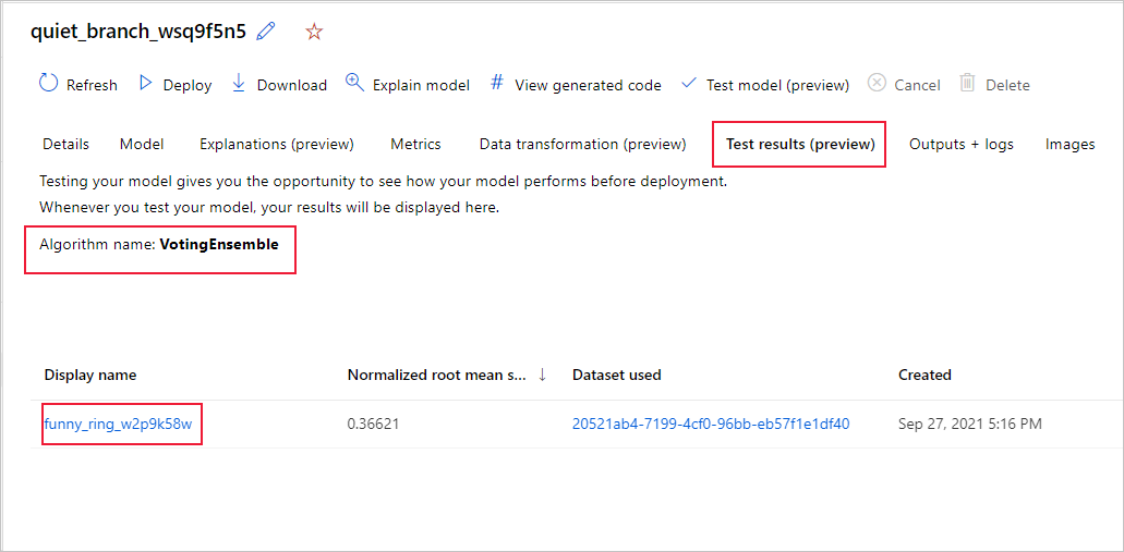 Screenshot that shows the test results tab for the automatically tested, recommended model.