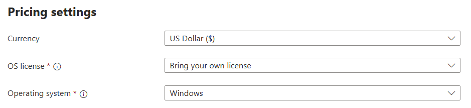 Screenshot that shows the fields in pricing settings.