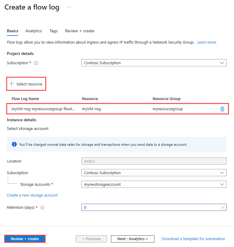 Screenshot of create NSG flow log page in the Azure portal.