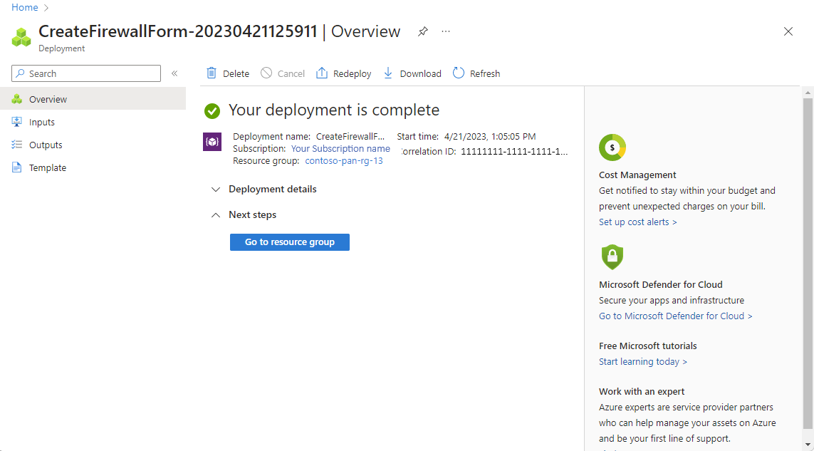 Screenshot of a completed Palo Alto Networks deployment.