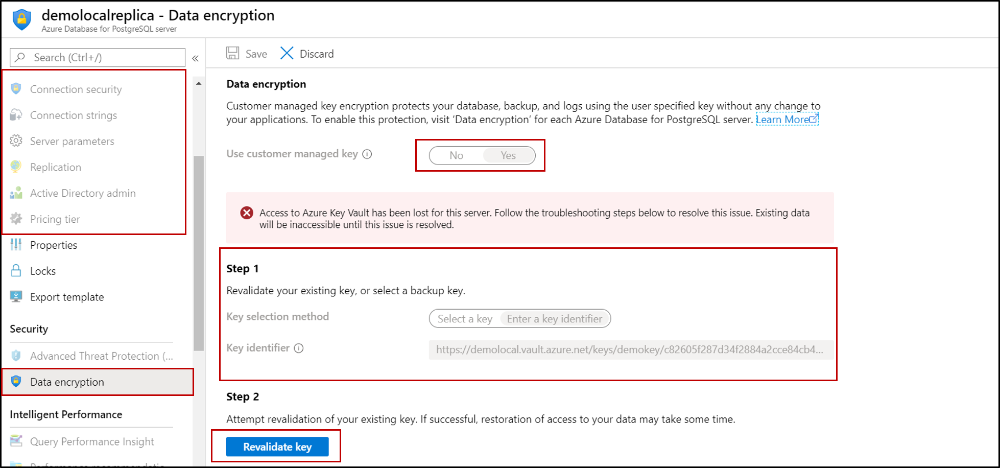 Screenshot of Azure Database for PostgreSQL, with revalidation step highlighted