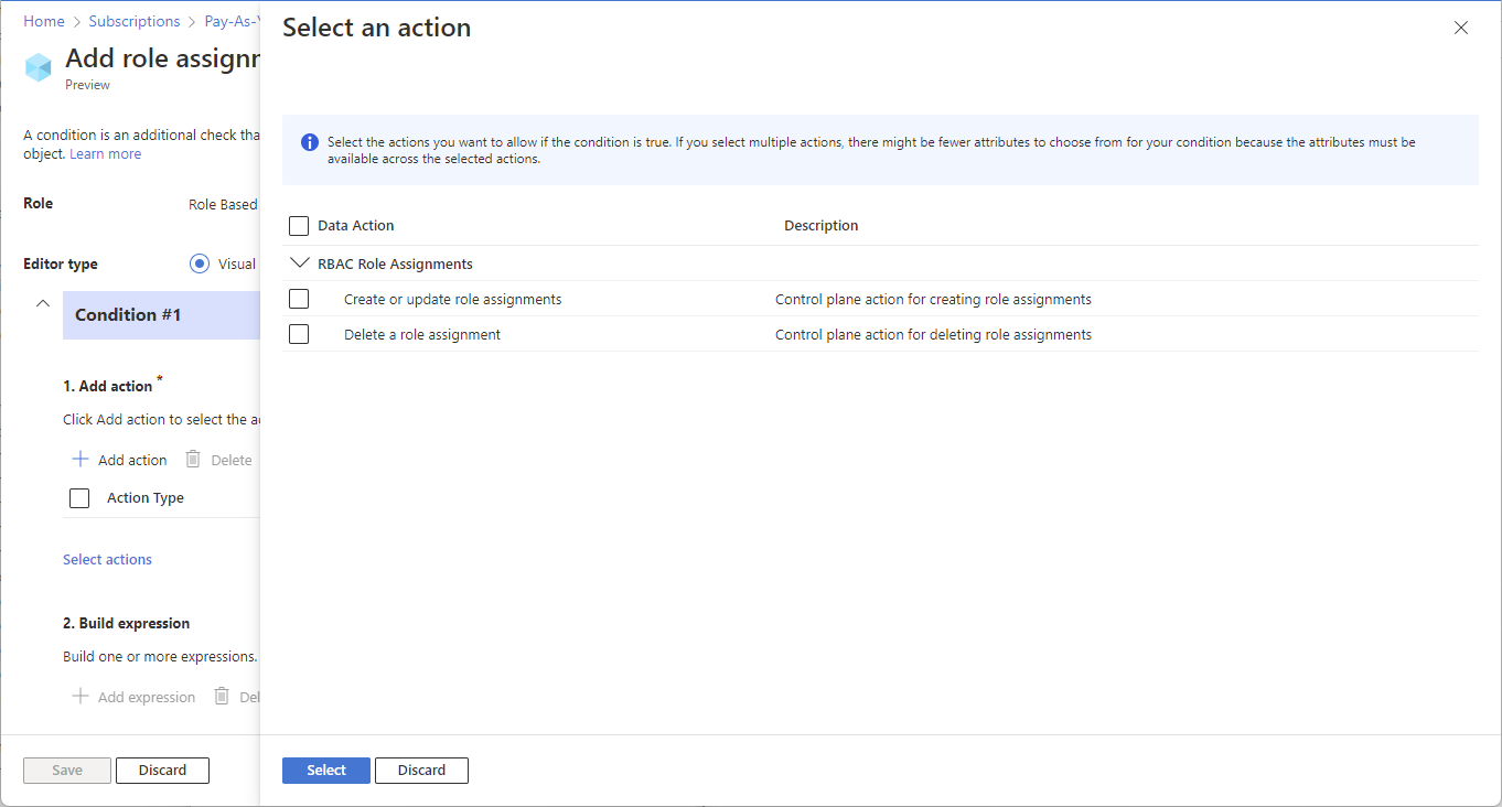Screenshot of Select an action pane to delegate role assignment management with conditions.