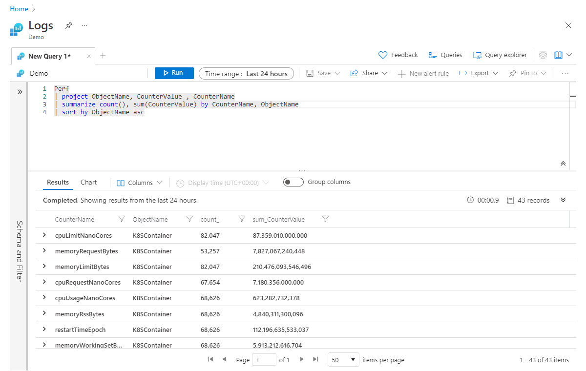 Screenshot of results of summarize operator with multiple aggregations.